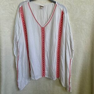 Merona‎ White Red Embroidered Boho Batwing Peasant Top Pom Pom Hem Size XL